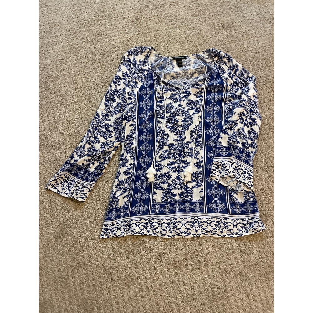 I.N.C. Blue & White Floral Long Sleeve V-Neck Tunic Top L